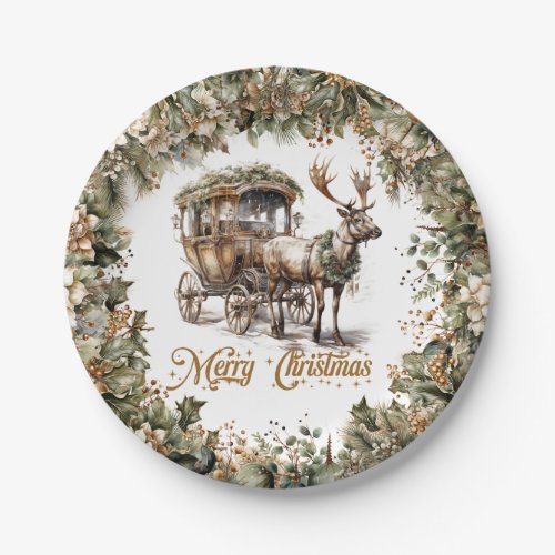 Elegant sage green holly faux gold Reindeer sleigh Paper Plates