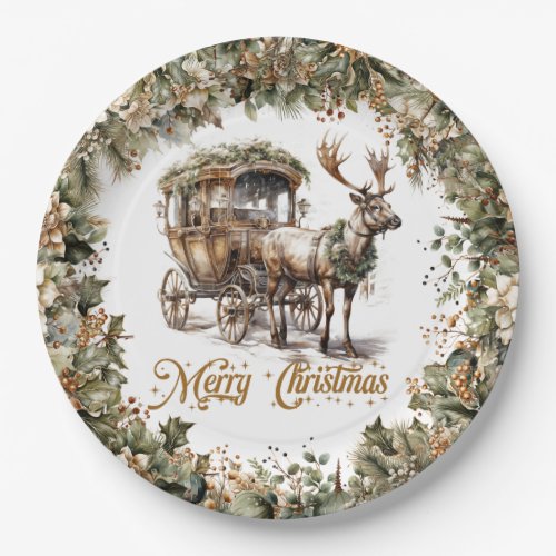 Elegant sage green holly faux gold Reindeer sleigh Paper Plates