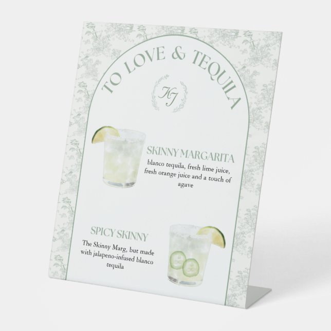 Elegant Sage Green Illustrated Cocktail Menu Pedestal Sign (Front)