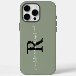 Elegant Sage Green Initals Monogram Script Name iPhone 16 Pro Max Case