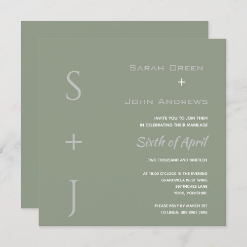 Elegant Sage Green Initals Wedding Square  Invitation