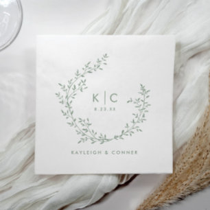 Elegant Sage Green Initials Botanical Wedding Napkins