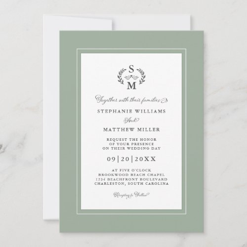 Elegant Sage Green Initials Calligraphy Wedding Invitation