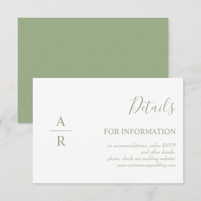 Elegant sage green initials online details wedding enclosure card (Front/Back)