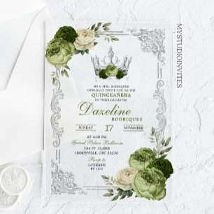 Elegant Sage Green Ivory Crown Quinceanera Acrylic Invitations