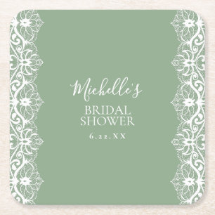 Elegant Sage Green Lace Bridal Shower Square Paper Coaster