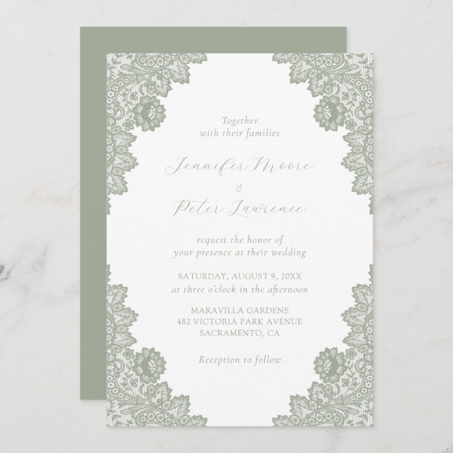 Elegant Sage Green Lace Wedding Invitation (Front/Back)