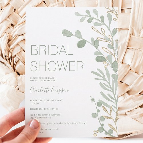 Elegant sage green leaf gold script bridal shower invitation