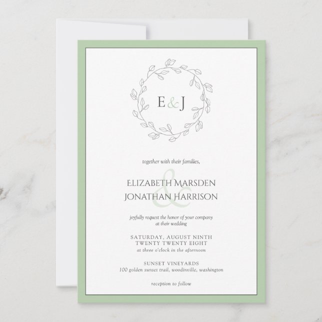Elegant Sage Green Leaf Wreath Monogram Wedding  Invitation (Front)