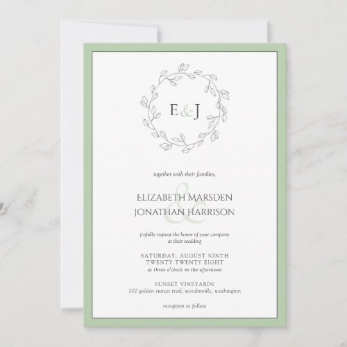 Elegant Sage Green Leaf Wreath Monogram Wedding  Invitation