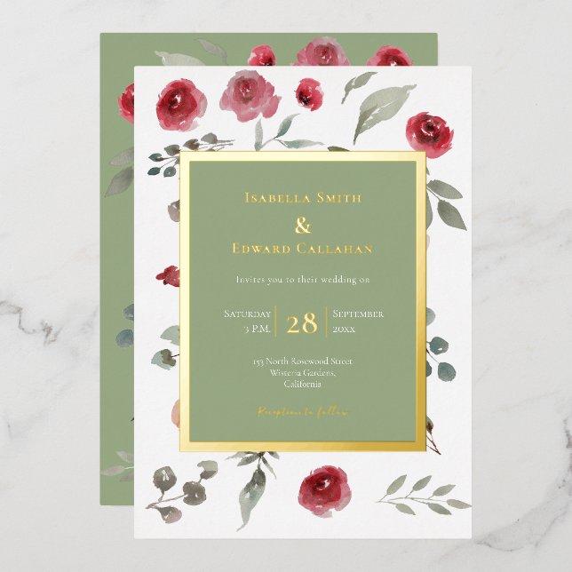 Elegant Sage Green Leaves Burgundy Roses Gold Foil Invitation (Front/Back)