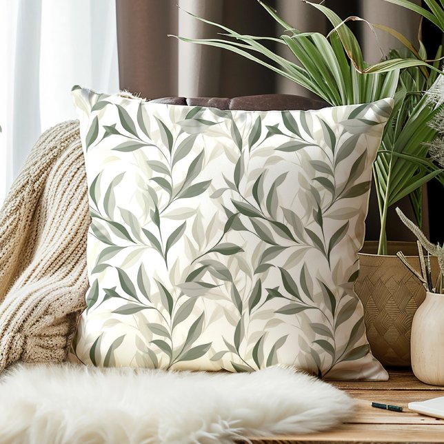 Elegant Sage Green Leaves Pattern Throw Pillow (Green leaves decorator pillow)