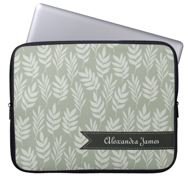 Elegant Sage Green Leaves Pattern With Name Laptop Sleeve (Front)