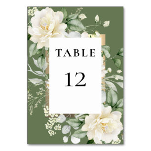 Elegant Sage Green Leaves Rose Ivory & Gold Frame Table Number