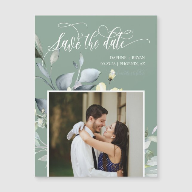 Elegant Sage Green Leaves Save the Date Magnet (Front)