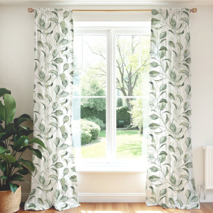 Elegant Sage Green Leaves Watercolor Pattern Blackout Curtains