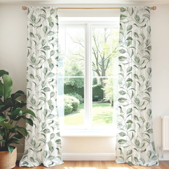 Elegant Sage Green Leaves Watercolor Pattern Blackout Curtains (Elegant Sage Green Leave Watercolor Pattern Blackout Curtains)