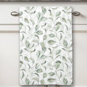 Elegant Sage Green Leaves Watercolor Pattern Kitchen Towel