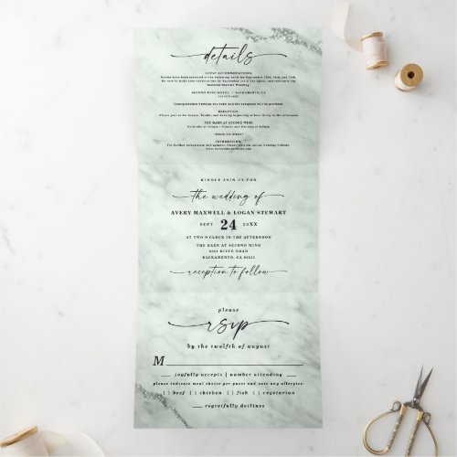 Elegant Sage Green Marble with Foil Wedding Tri_Fold Invitation
