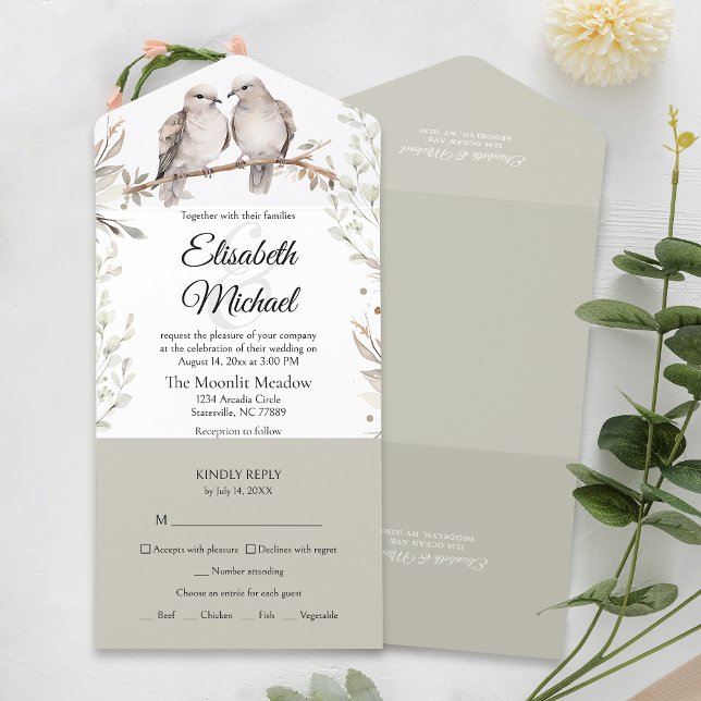 Elegant Sage Green Meal Entree Wedding RSVP  All In One Invitation (Simplify your wedding with our all-in-one invitation – convenience and beauty in a single card.)