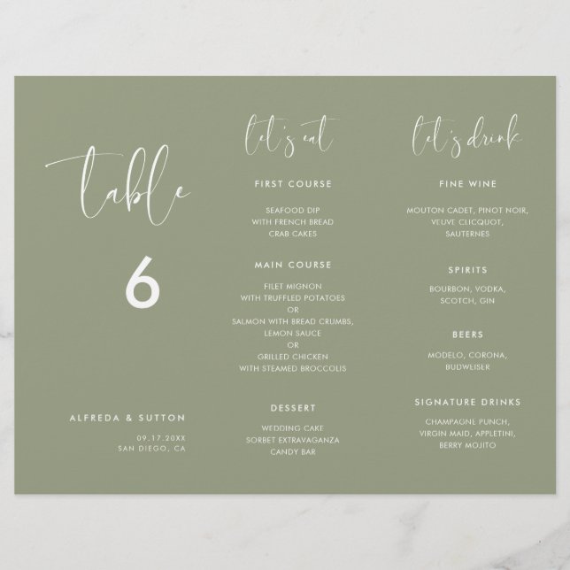 Elegant Sage Green Menu & Table number trifold (Front)