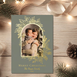 Elegant Sage Green Merry Christmas Arch Photo Foil Holiday Card