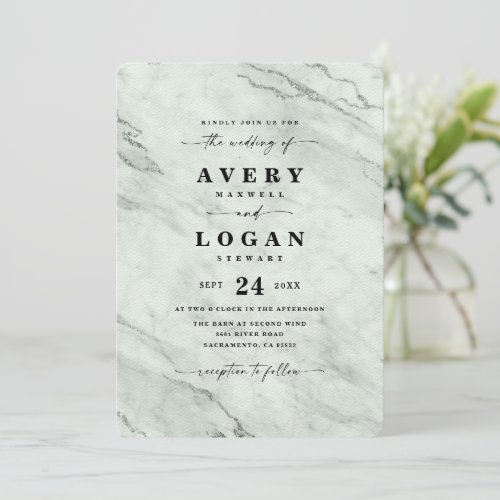 Elegant Sage Green Metallic Marble Wedding Invitation