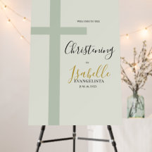 Elegant Sage Green Minimal Cross Christening Sign