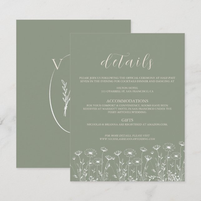 Elegant Sage Green Minimalist Boho Floral Wedding Enclosure Card (Front/Back)