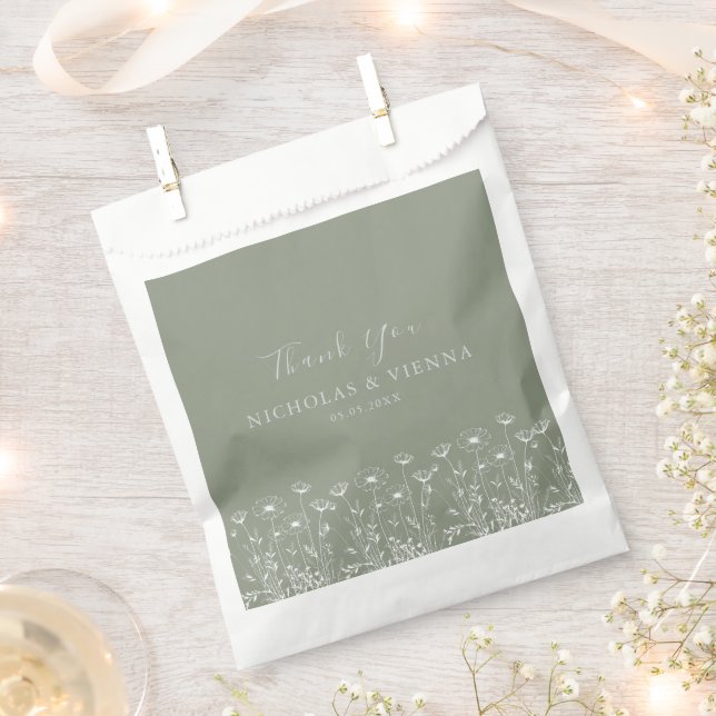 Elegant Sage Green Minimalist Boho Floral Wedding Favor Bag (Clipped)