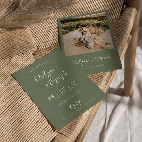 Elegant Sage Green Minimalist Boho Photo Wedding Invitation