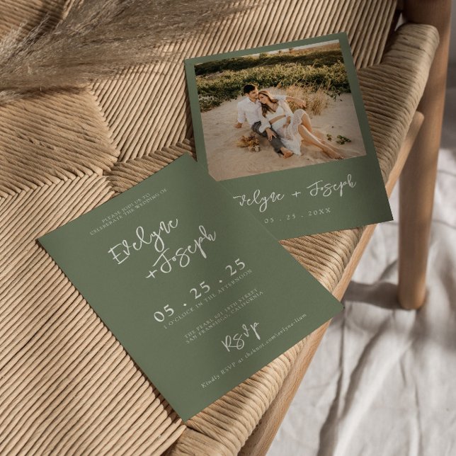 Elegant Sage Green Minimalist Boho Photo Wedding Invitation (Creator Uploaded)