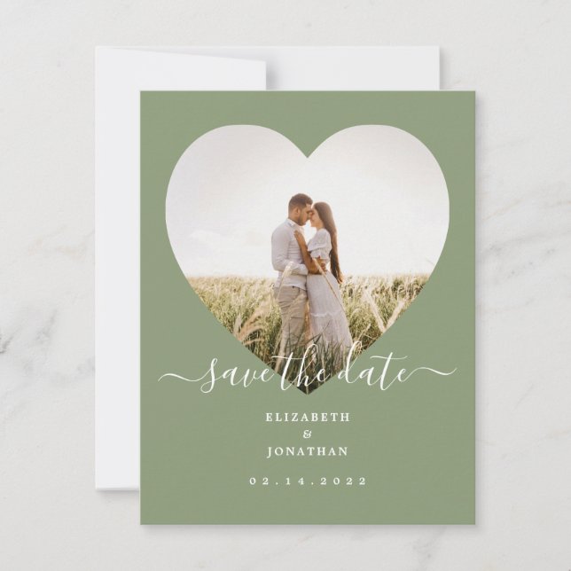 Elegant Sage Green Minimalist Heart Photo Wedding Save The Date (Front)