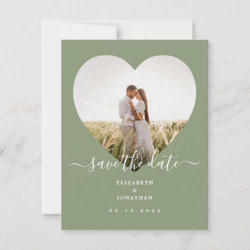 Elegant Sage Green Minimalist Heart Photo Wedding Save The Date
