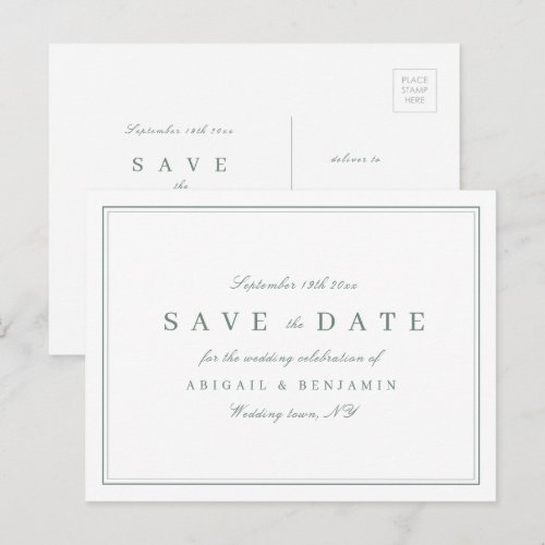 Elegant sage green minimalist save the date announcement postcard