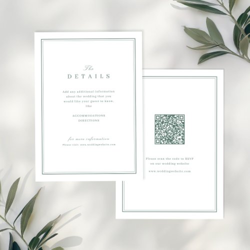 Elegant sage green minimalist wedding details note card