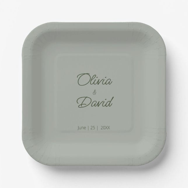 Elegant Sage Green Minimalist Wedding Paper Plates (Front)