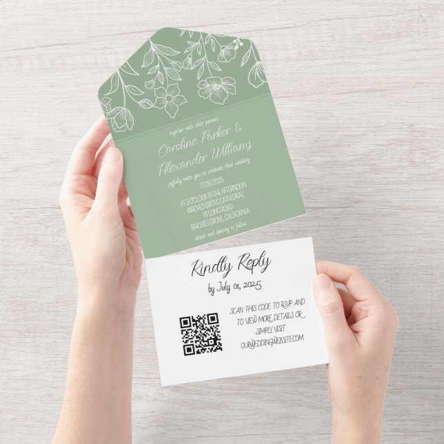 Elegant Sage Green Modern Floral RSVP QR Code  All In One Invitation (Tearaway)