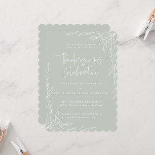 Elegant Sage Green Modern Leaf Motif Thanksgiving Invitation
