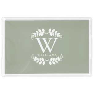 Elegant Sage Green Modern Monogram Acrylic Tray