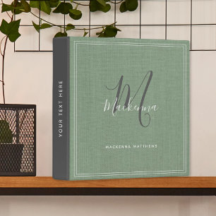Elegant Sage Green Modern Monogram Script Linen 3 Ring Binder