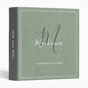 Elegant Sage Green Modern Monogram Script Linen 3 Ring Binder