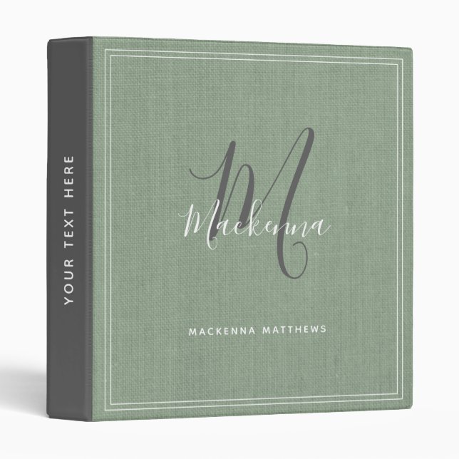 Elegant Sage Green Modern Monogram Script Linen 3 Ring Binder (Front/Spine)
