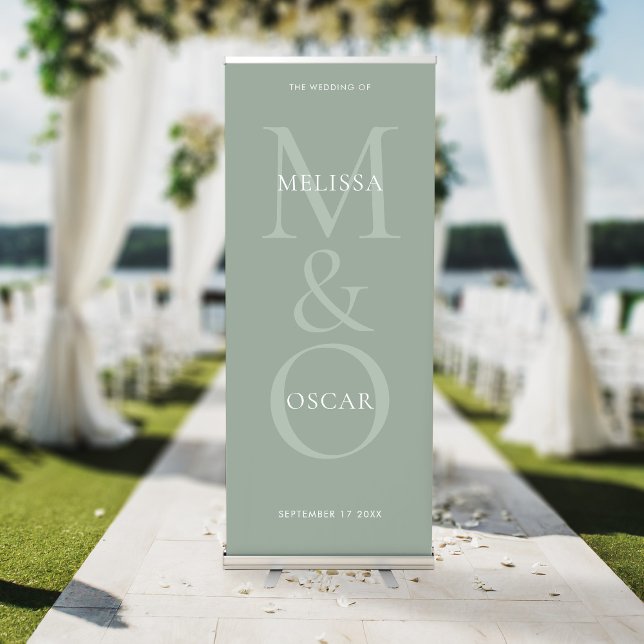 Elegant Sage Green Modern Monogram Wedding Retractable Banner (Creator Uploaded)
