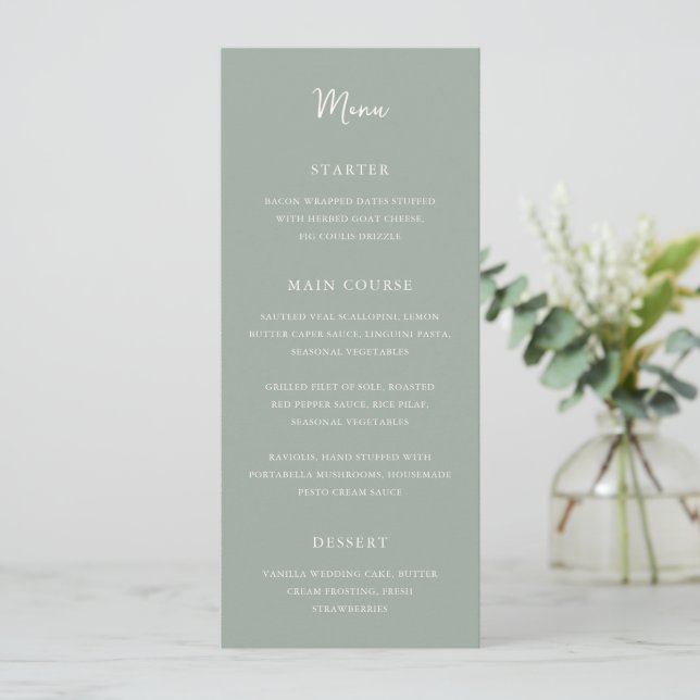Elegant Sage Green Modern Wedding Menu (Standing Front)
