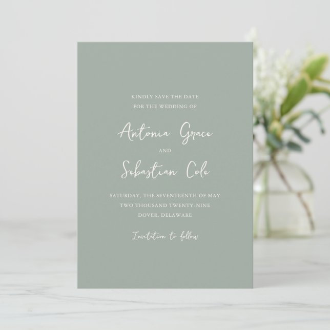 Elegant Sage Green Modern Wedding Save The Date (Standing Front)