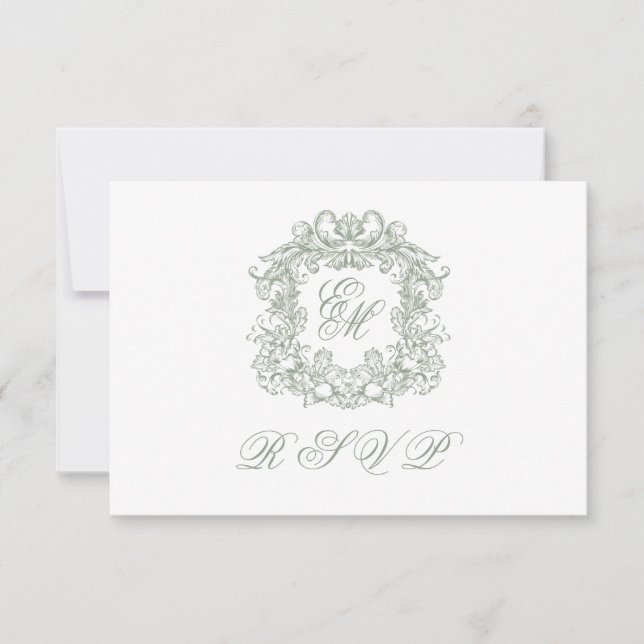Elegant Sage Green Monogram Crest Meals Wedding RSVP Card (Front)