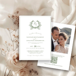 Elegant Sage Green Monogram Crest QR Code Wedding Invitation