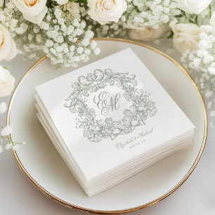 Elegant Sage Green Monogram Crest Script Wedding Napkins