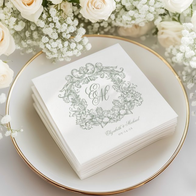 Elegant Sage Green Monogram Crest Script Wedding Napkins (Creator Uploaded)